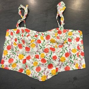 Francesca's White Floral Crop Top with Yellow & Coral Blooms